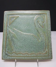 Vintage 1992 Pewabic Detroit Pottery Matte Green Glaze Swan Art Tile 7.5" Square
