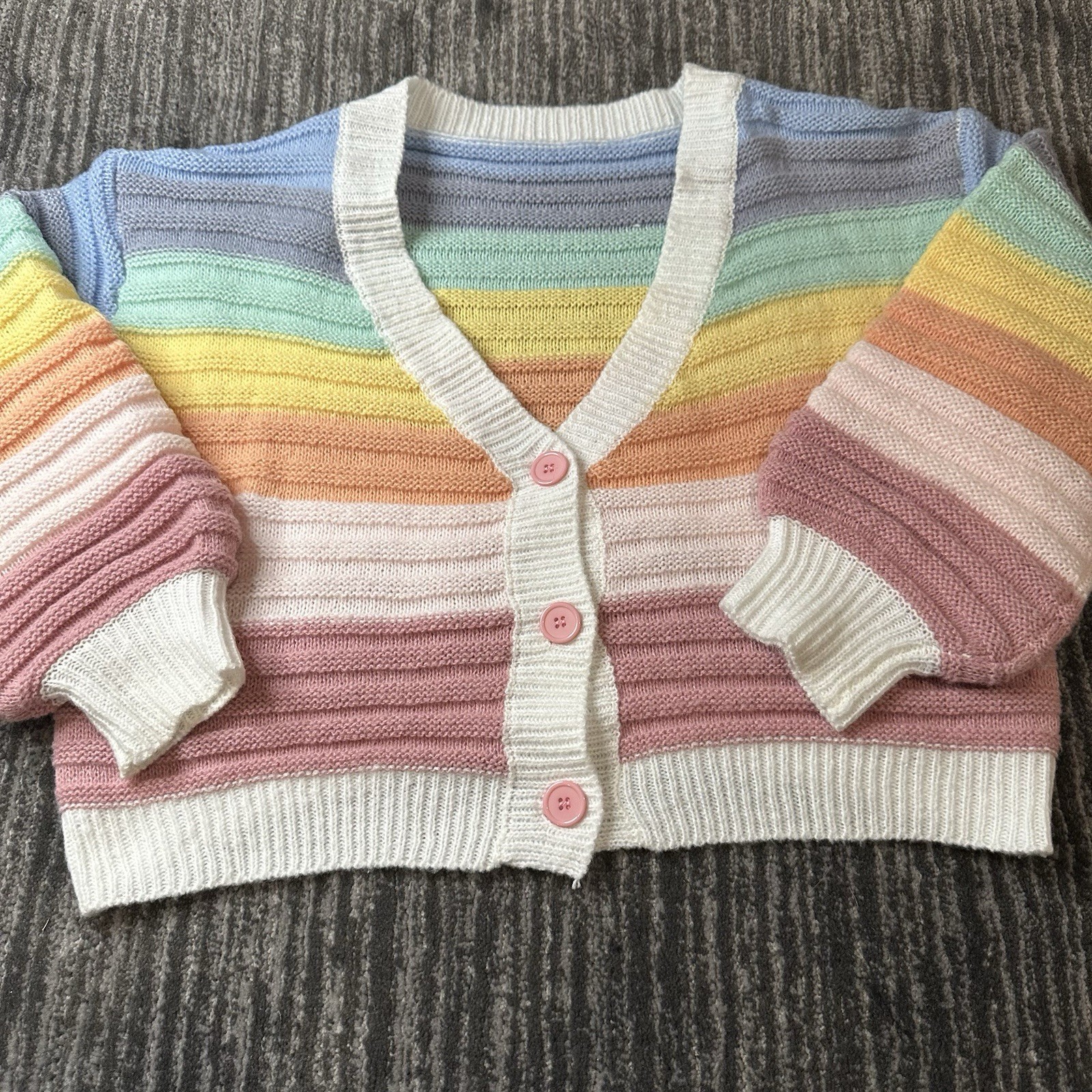 Cardigan Sweater Womens Medium Rainbow Striped Cropped boho Chunky Knit V Neck-image