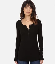 NWOT Splended Forever Thermal Henley Womens S Black Waffle MSRP$84