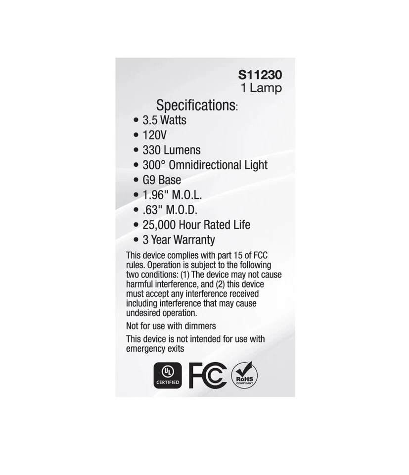 3-Pack Satco S11230LED 120V 3.5W =35W Double Loop G9 T4 Clear 3000K Soft White - Image 3 of 4