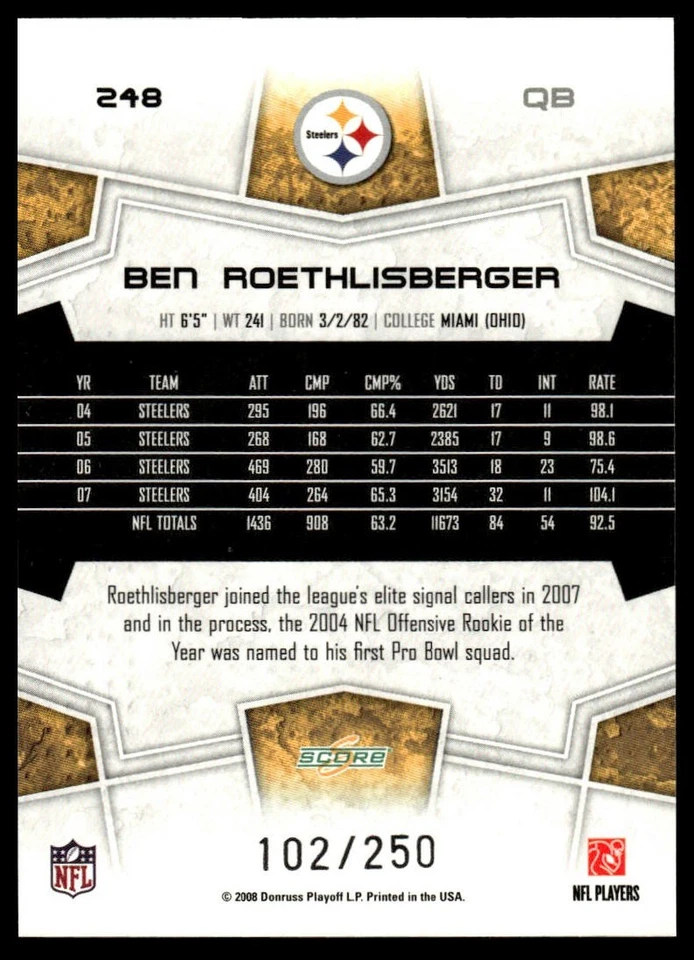 2008 Score #248 Ben Roethlisberger Super Bowl XLIII Light Blue #/250 - Image 2 of 2