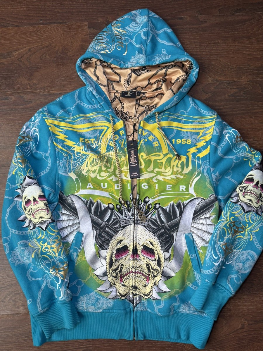 VTG Ed Hardy Christian Audigier Mens L Full Zip Hoodie Green Skull