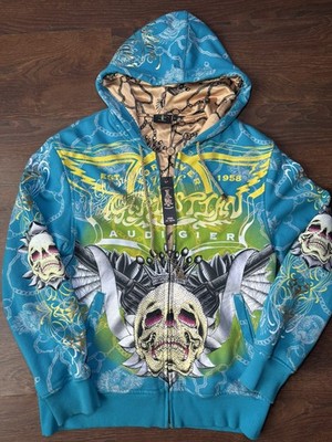 VTG Ed Hardy Christian Audigier Mens L Full Zip Hoodie Green Skull