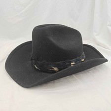 Size 7 1/4 Vintage Miller Bros Cowboy Hat Black Wool Feather Band Made In USA