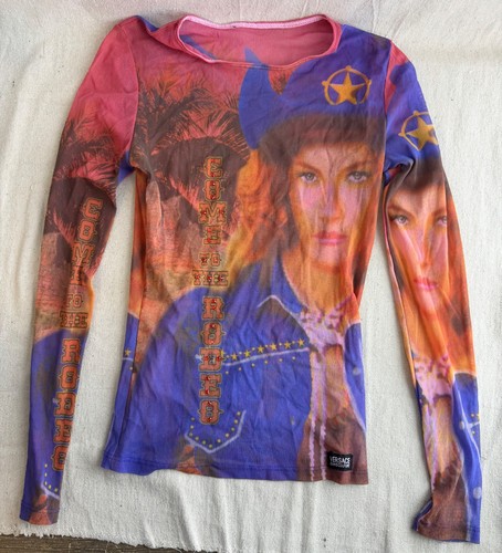 Versace Jeans Couture, Vintage Versace Jeans Couture Come to the Rodeo ~ Multicolor Rhinestone Mesh Top