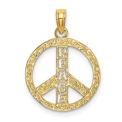 10K Yellow Gold Flat Textured Peace Sign Charm Pendant L 16mm, W 16mm