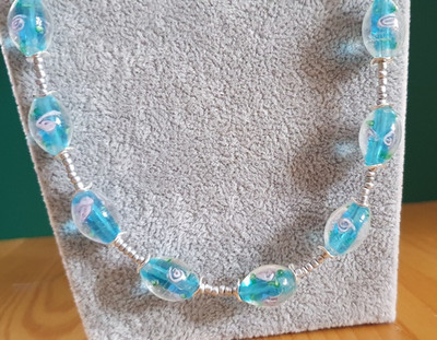 neu Handmade Perlen lange Kette Murano Glas mit Rosen Collier Schmuck Lampwork  