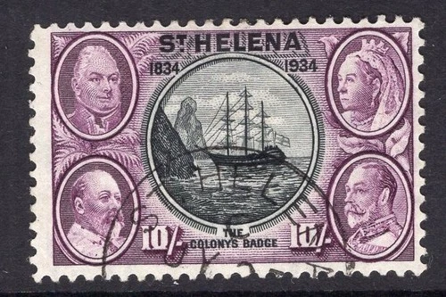 ST HELENA 1934 CENTENARY 10/- BLACK & PURPLE VERY FINE CDS USED. GIBBONS 123.