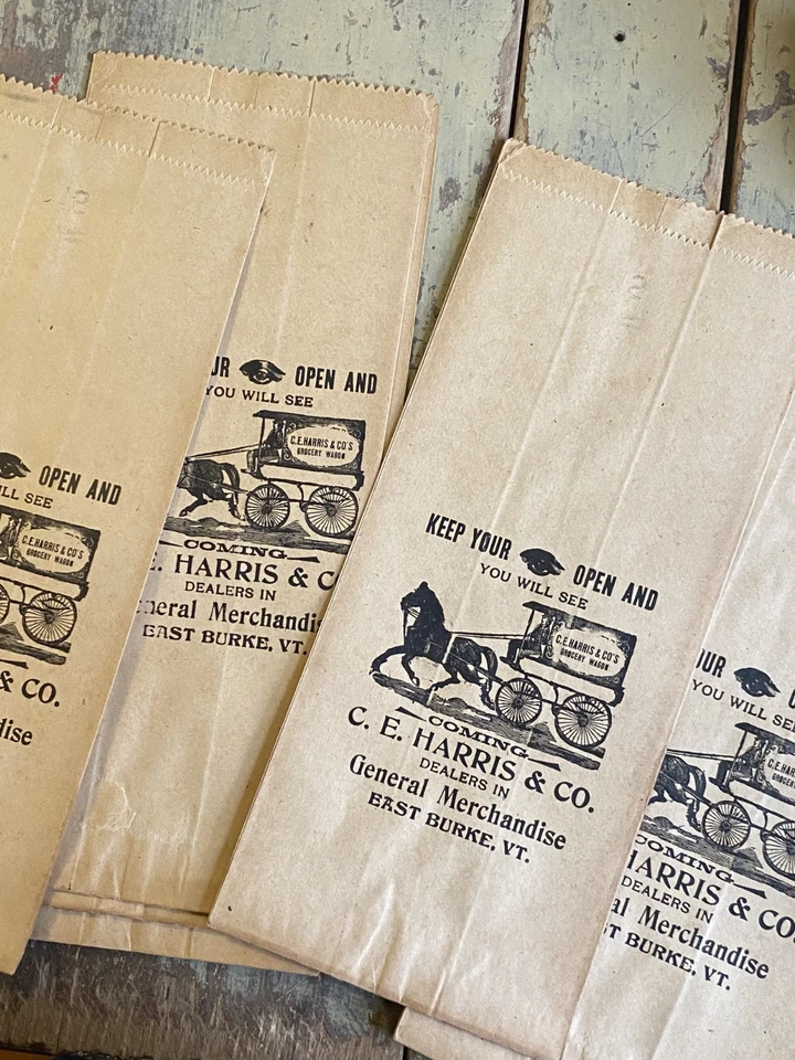 6 bolsas de papel antiguas/de colección de 1900 NOS tienda general, East Burke, VT caballo y vagón Foto 2 de 4