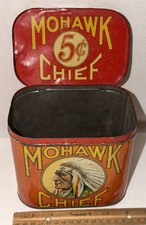 ANTIQUE MOHAWK CHIEF TIN LITHO CIGAR CAN TOBACCO SMOKING NATIVE AMERICAN INDIAN