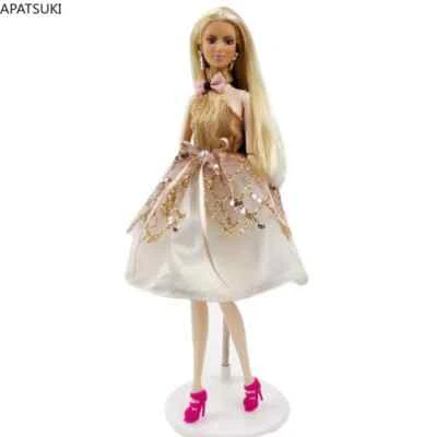APATSUKI Goldene Prinzessin Kleid für Barbie Outfits rosa Bogen ärmelloses Partykleid 1:6