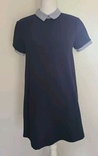 Zara Trafaluc Short Sleeve Women's Shift Dress Striped Trim Navy Semi Texture S