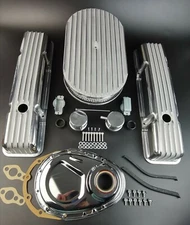 58-86 SBC Aluminum Tall Retro Finned Valve Cover & Air Cleaner +Timing Cover Kit
