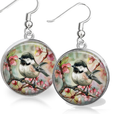 Chickadee Earrings Sterling Dangle Cherry Blooms Floral Watercolor Art Print
