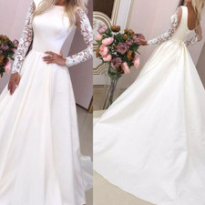 Satin Wedding Dresses Lace Long Sleeves Scoop Neck Backless A-line Bridal Gowns