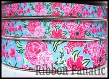 3yds 5/8" 7/8" or 1.5" Pink Blue Roses Lily Peony Floral Grosgrain Ribbon