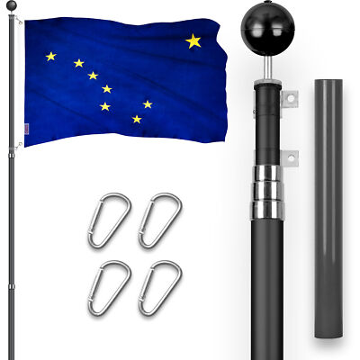 Combo: 16 Ft Telescoping Flagpole Black & Alaska AK State Flag 3x5 Ft Emb 300D