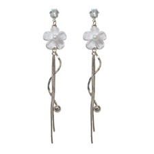 Silver Long Tassel Floral Earrings Trendy Chic Statement Flower Ear Stud Jewelry