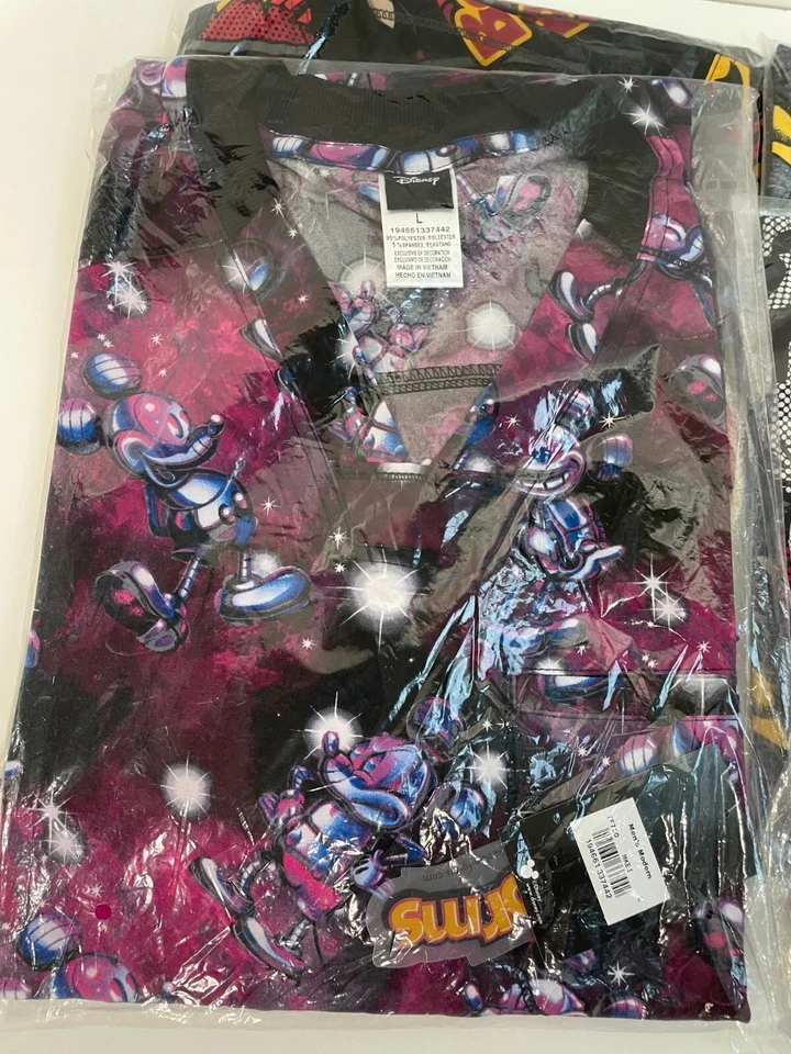 Lot of 4 Tooniforms Adult L Batman Mickey Mouse Print Scrub Top Black Disney - Image 2 of 4