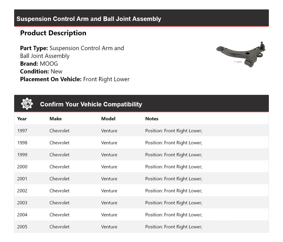 Brazo de control delantero derecho inferior MOOG 1997-2005 Chevrolet Venture 1997-2005 Foto 2 de 4