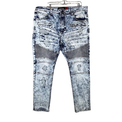 Makobi Jeans Mens 40x34 ACTUAL 43x34 Moto Biker Blue Acid Wash Distressed  Denim
