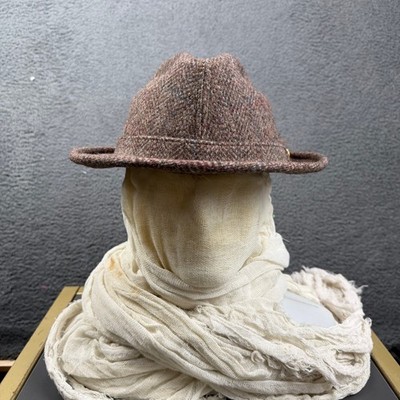 Vintage Pendleton Mens Tweed Herringbone Fedora Hat 7 1/4 Brown Wool Feather