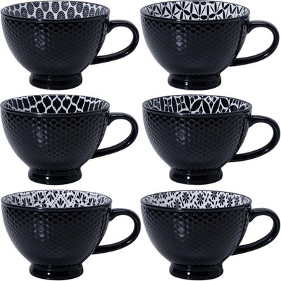 Coffee Mugs Set of 6, 14 Ounces footed Ceramic Mugs, Porcelain Black Coffee c...
