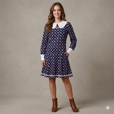 Vtg Sears Jr Bazaar Navy Floral Ruffled Peter Pan Collar Dress Women's Size 11