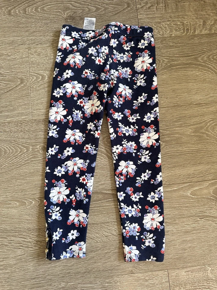 Janie and Jack Girls 5 RED Ponte Pants white and gold buttons at hem Navy Floral - Image 4 of 4