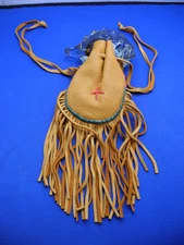 Native American Medicine BAG Leather Pouch W/Fringe+POTTERY SHARDS+SAGE,TOBACCO