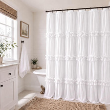 White Ruffle Shower Curtain with Handmade Bow Tie, Linen Vintage Farmhouse Showe