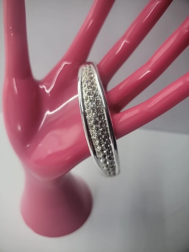 Vintage Bracelet Silver Tone Hinged Crystals White Slide Clasp Jewelry Costume - Image 4 of 4