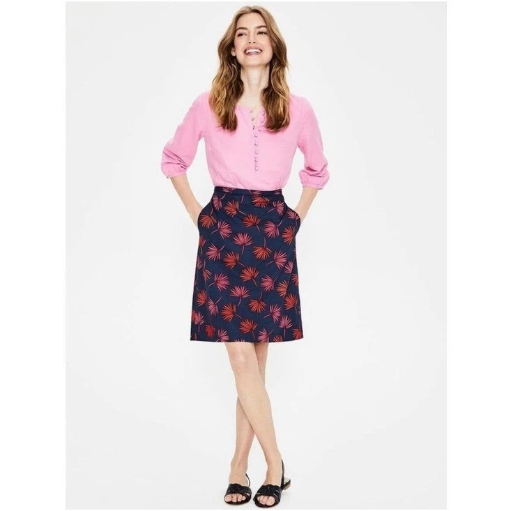 Boden Scattered Holiday Palm Print A-Line Cotton Skirt Navy Blue & Pink Size 4