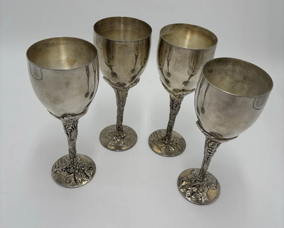 VTG Godinger Lot Of 4 Goblets Cup Grape Vine Leaf Design Silver Plate Holds 8 OZ - Image 3 of 4