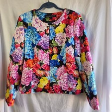 Boston Proper Black Multicolor Floral Long Sleeve Blazer Jacket Size L NWOT