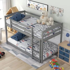 Twin Over Twin Size Floor Bunk Bed Wood Bed Frame w/ Ladder For Kids Bedroom US