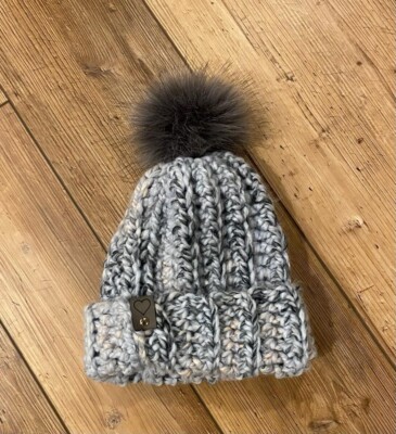 MADE WITH LOVE Beanie Hat Cap Designer Pom Pom Trendy Blue/Gray SUPER CUTE!!
