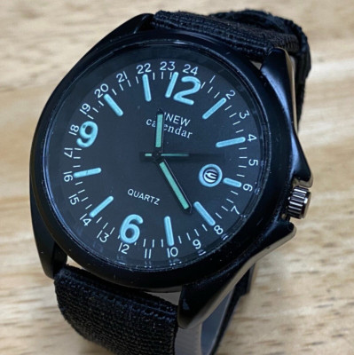 XINEW Calendar Mens All Black Canvas Band Analog Quartz Watch~Date~New Battery