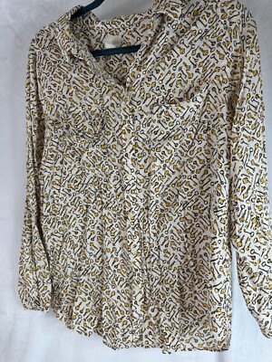 Chico's 2 Lar12 Button Up Blouse Shirt Yellow White Black Keys Long Sleeve