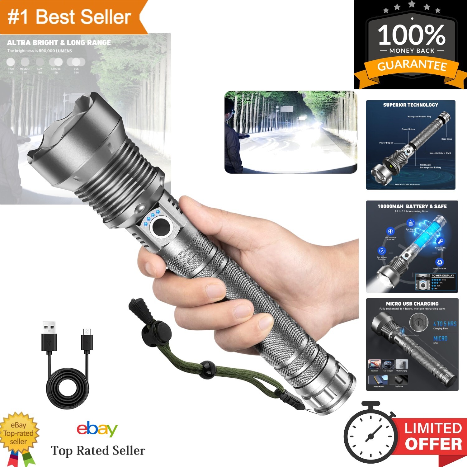 Ultra-Bright 990,000 Lumen LED Flashlight - Weatherproof & Long-Lasting Power