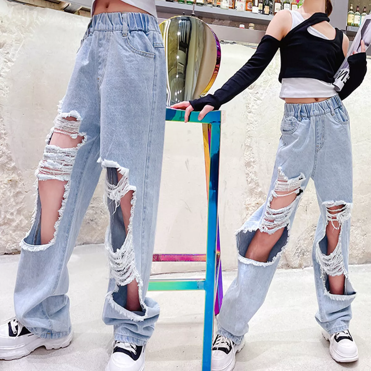 Girls Fashion Loose Ripped Jeans Wide Leg Distressed Denim Pants