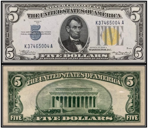 $5 Five Dollar 1934-A Silver Certificate (US CURRENCY STICKERS) Lot Of 5 - Picture 4 of 6