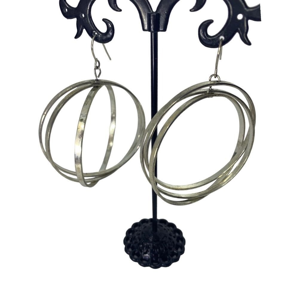 Statement 2.5" Drop Silvertone Earrings Dimension… - image 5