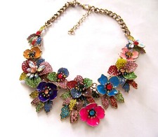 VALENTINE FLORAL BOUQUET  VTG Style Pave Rhinestone Enamel Bib Necklace