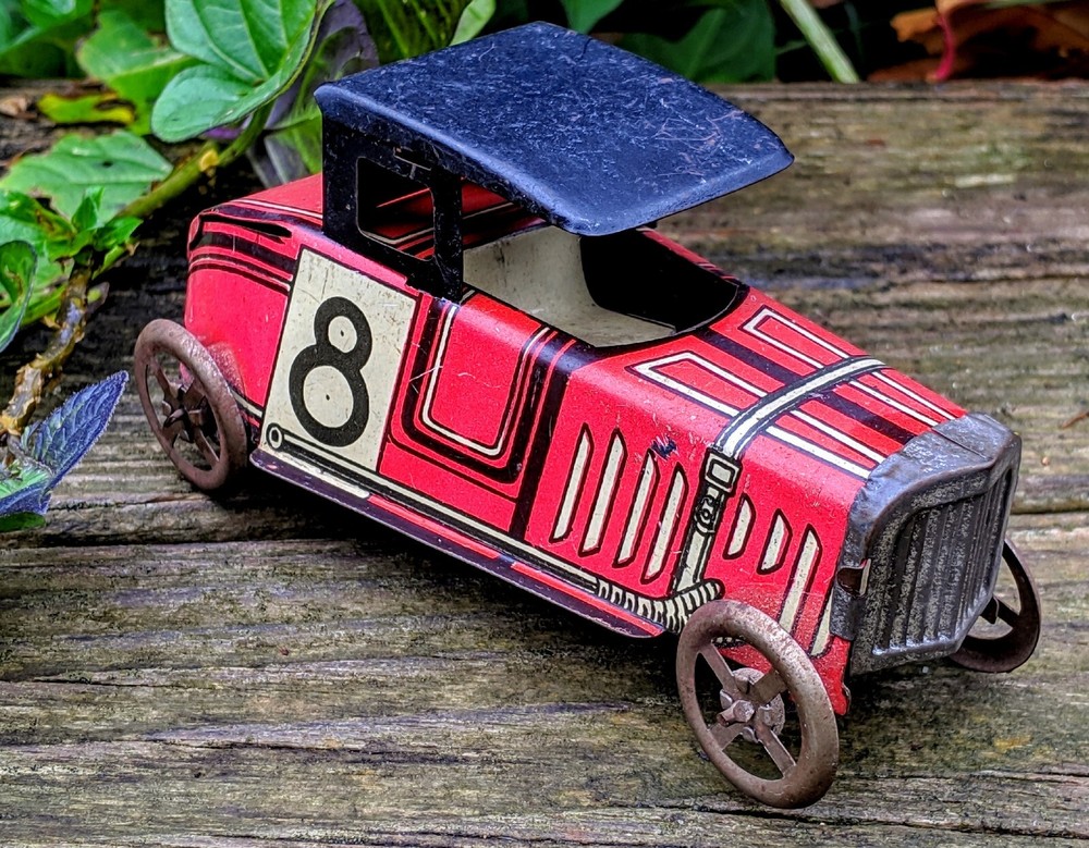 Antique Pre-war Rico #8 Boat Tail Racecar Penny Tin Toy