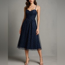 Eliza J Navy Silver Dot Tulle Midi Dress Size 0