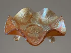 VINTAGE FENTON  MARIGOLD CARNIVAL LOTUS & POINSETTIA  FOOTED RUFFLED 5 1/2" BOWL