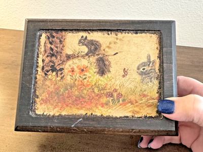 Vintage Wooden Trinket Box Featuring Woodland Squirrel & Rabbit Hand Painted