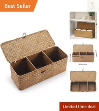 Seagrass Tank Basket with Lid Woven Toilet Roll Storage Basket with Sections ...