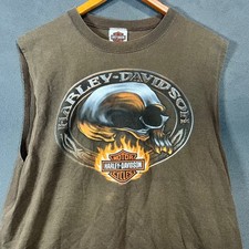 Harley-Davidson Boston Skull Graphic Sleeveless T-Shirt Brown Mens L USA Made